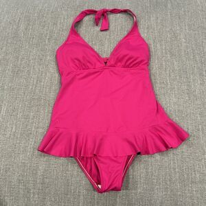 Ralph Lauren Swim Suit Womens Medium Hot Pink Skirted One Piece Halter Neck